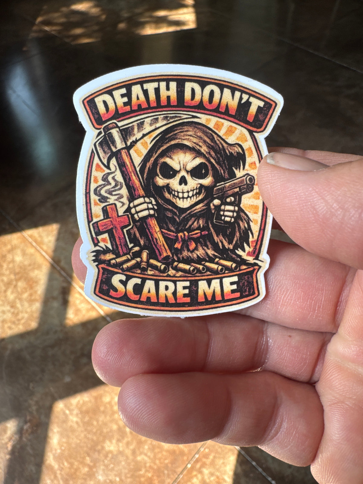 Death Don’t Scare Me Sticker – Grim Reaper Gun & Scythe Art