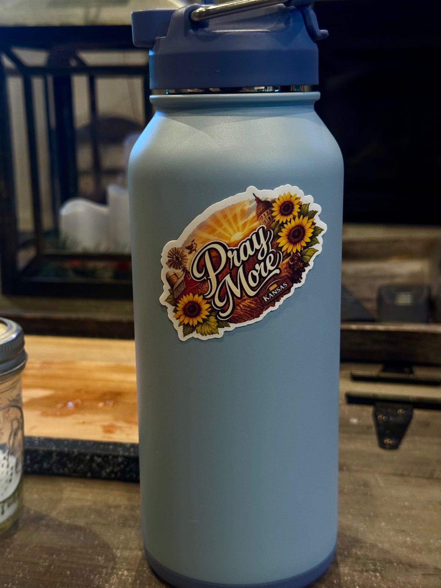 Pray More Kansas Sunrise Sticker — Faith & Sunflowers