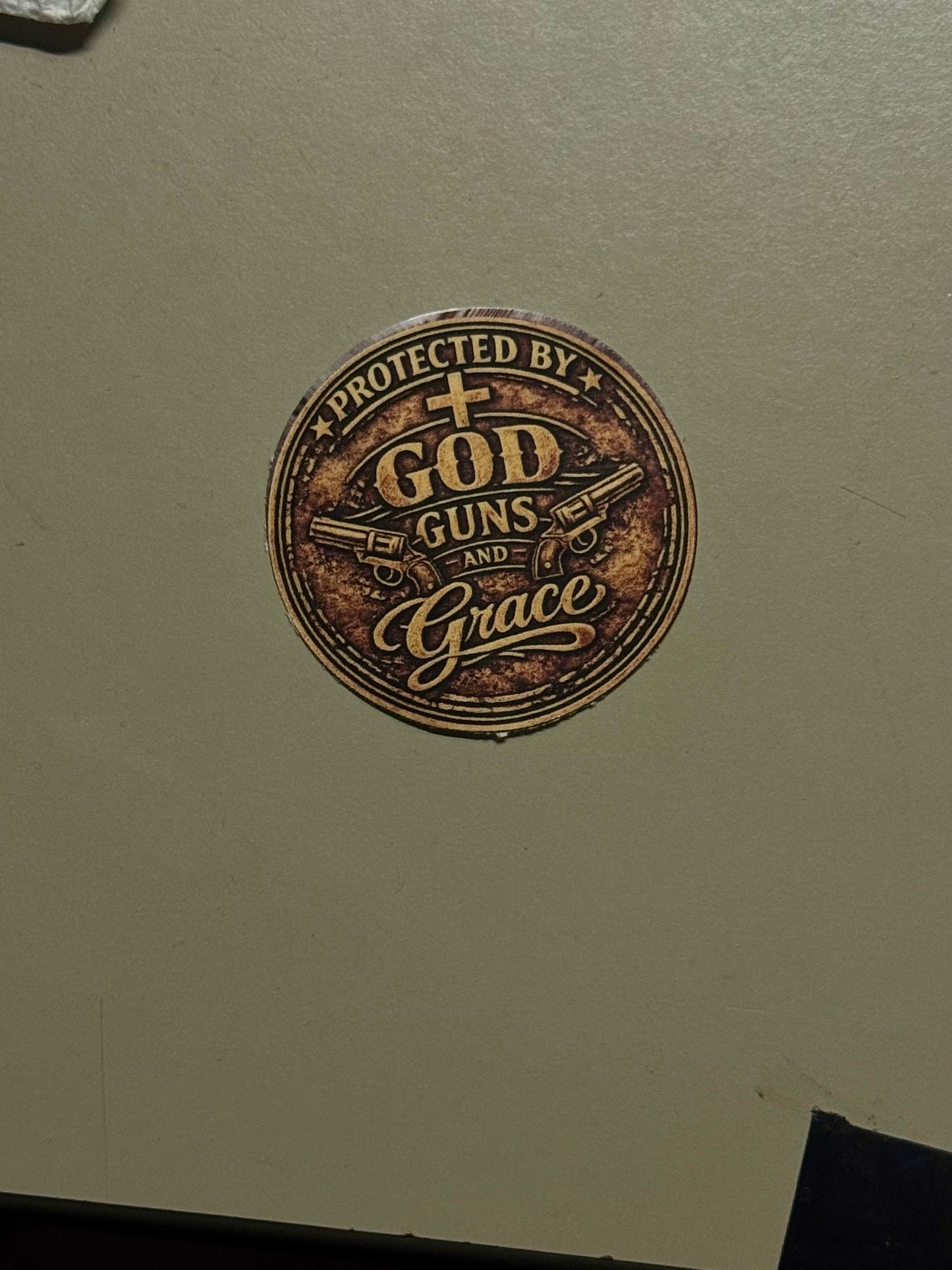 Protected by God Guns and Grace Sticker – Rustic Western Christian Badge