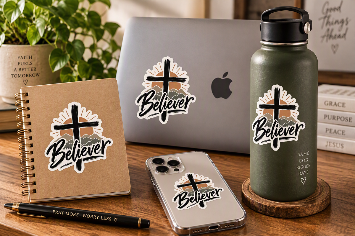 Believer Cross Mountain Faith Sticker | Christian Vinyl Decal | Waterproof Christian Sticker