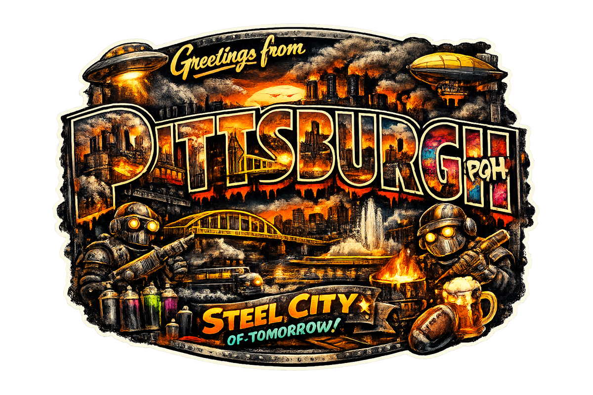 Steel City of Tomorrow – Futuristic Pittsburgh Travel Sticker