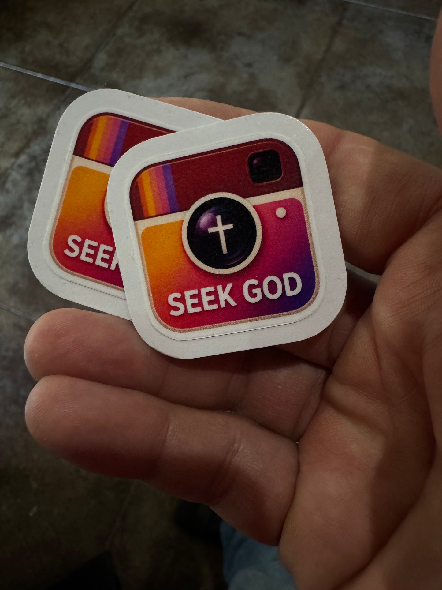 Seek God Retro Camera Sticker – Faith Meets Social Media