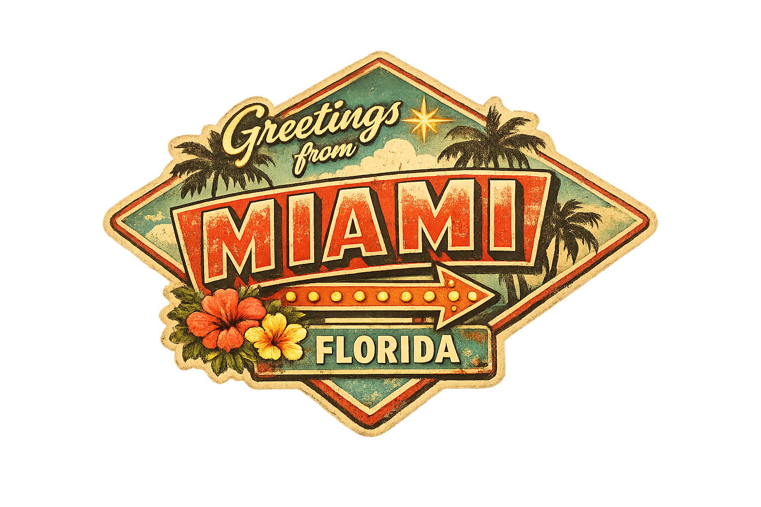 Greetings From Miami, Florida — Retro Diamond Postcard Sticker