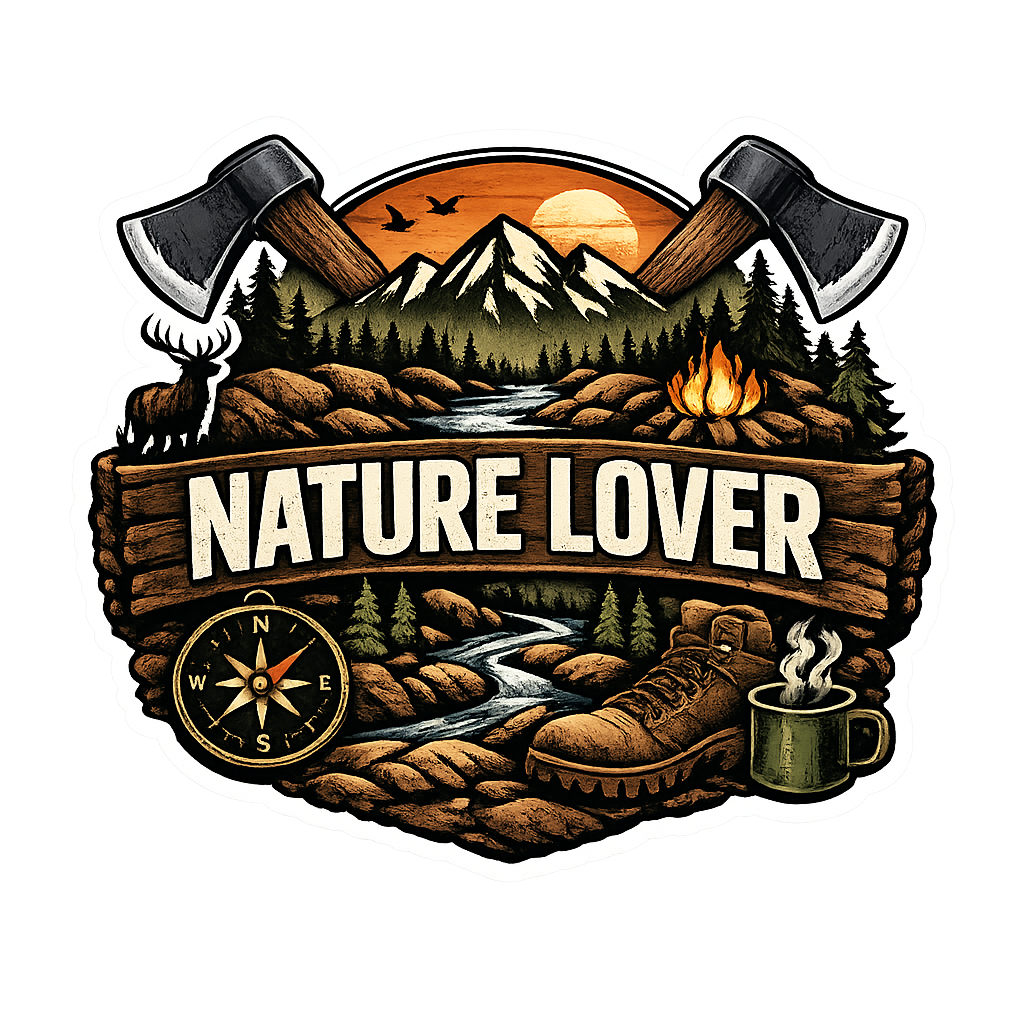 Nature Lover Die Cut Sticker | Outdoor Adventure Hiking Vinyl Sticker with Mountains, Campfire & Axes