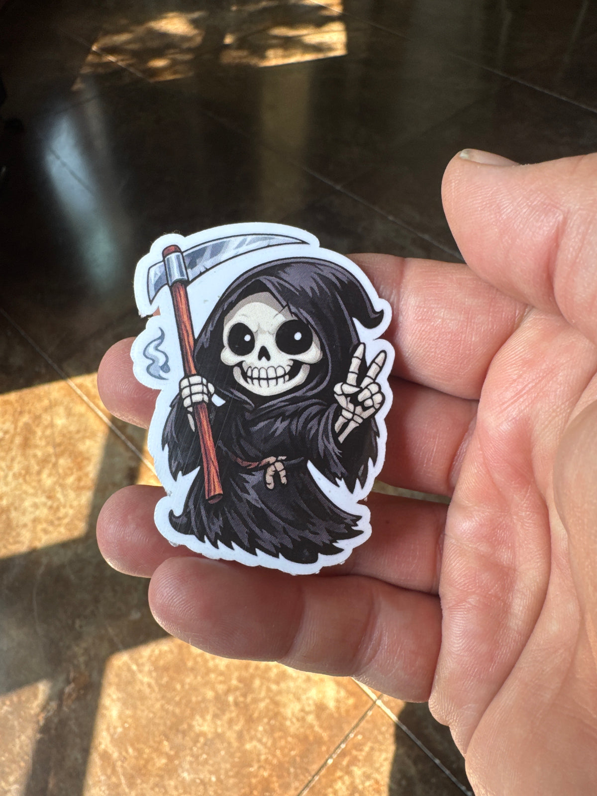 Cute Grim Reaper Sticker – Peace Sign Cartoon Reaper