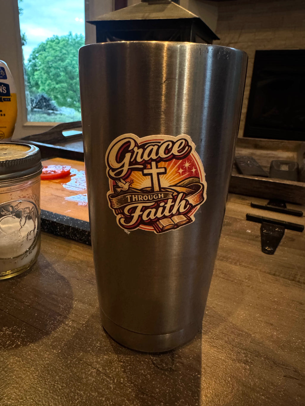 Grace Through Faith Sticker – Vintage Christian Cross & Dove Design