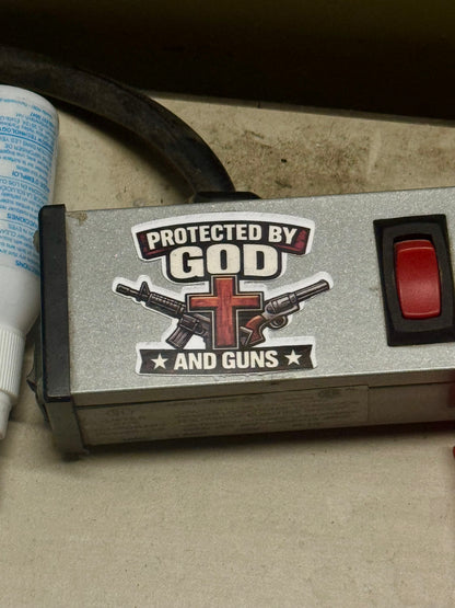 Protected by God and Guns Sticker – Bold Christian Western Design