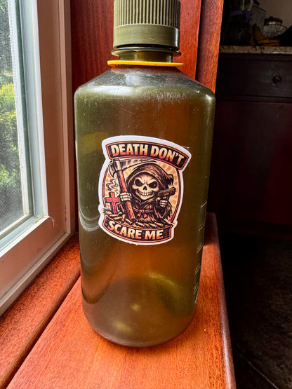 Death Don’t Scare Me Sticker – Grim Reaper Gun & Scythe Art