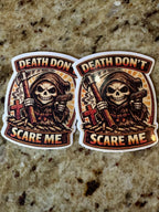 Death Don’t Scare Me Sticker – Grim Reaper Gun & Scythe Art