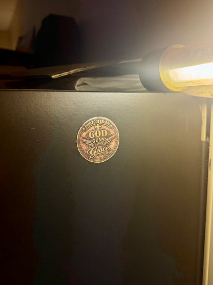 Protected by God Guns and Grace Sticker – Rustic Western Christian Badge