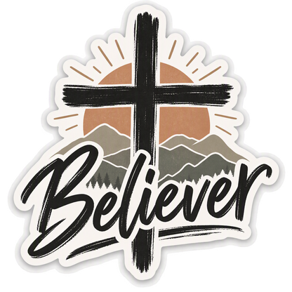 Believer Cross Mountain Faith Sticker | Christian Vinyl Decal | Waterproof Christian Sticker