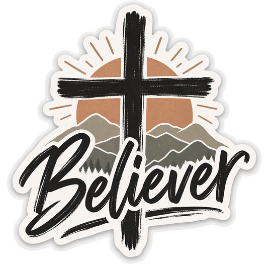 Believer Cross Mountain Faith Sticker | Christian Vinyl Decal | Waterproof Christian Sticker