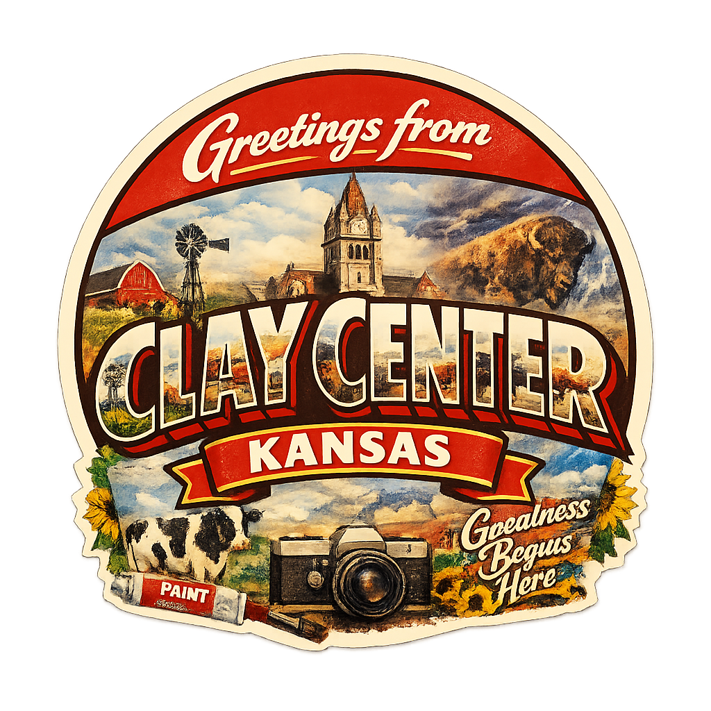Clay Center Kansas Vintage Postcard Sticker – Sunflowers, Buffalo & Landmarks