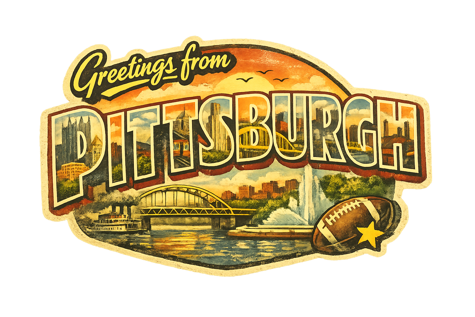 Pittsburgh Vintage Travel Postcard Sticker – Bridges & Skyline