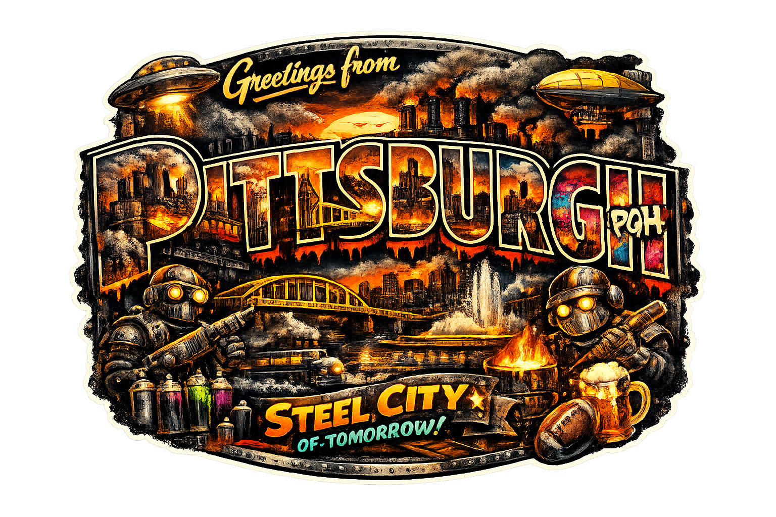 Steel City of Tomorrow – Futuristic Pittsburgh Travel Sticker