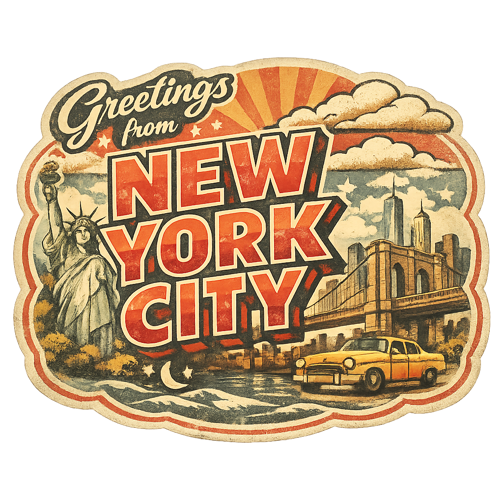 Retro NYC Postcard Sticker – Brooklyn Bridge & Classic Yellow Cab
