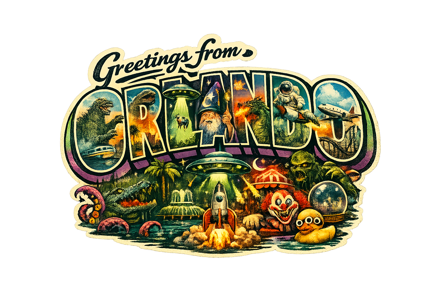 Greetings From Orlando – Fantasy & Sci‑Fi Chaos Postcard Sticker