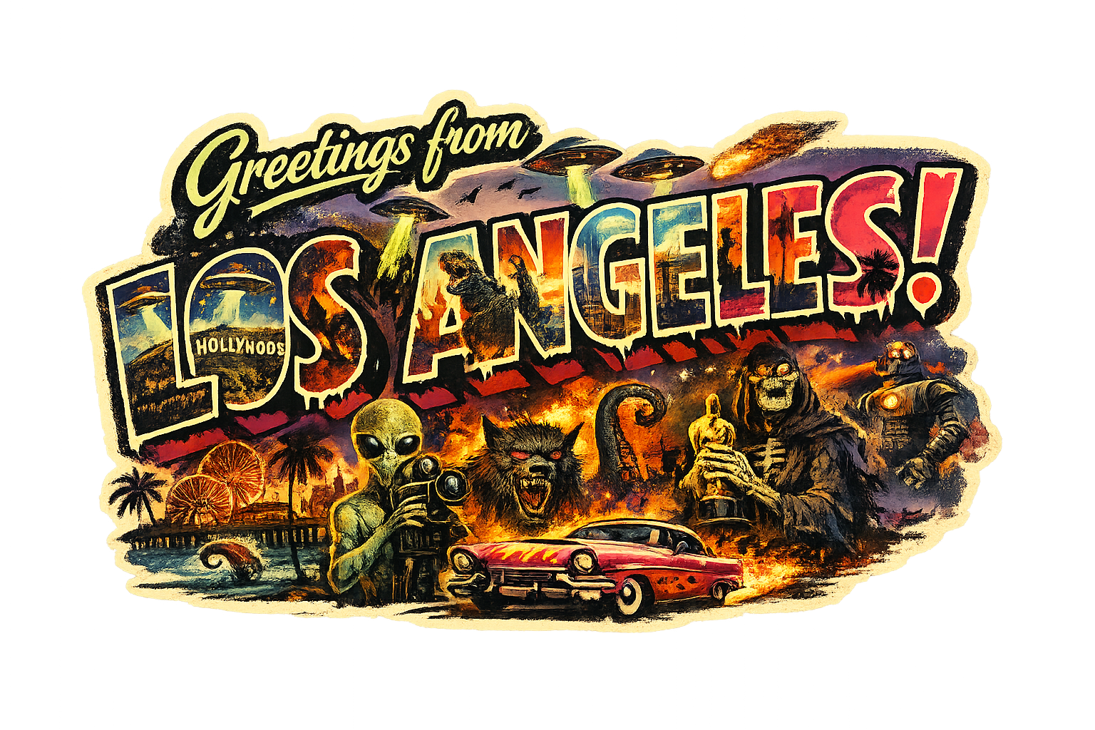 Los Angeles Retro Postcard Sticker – Aliens, Robots & Monsters