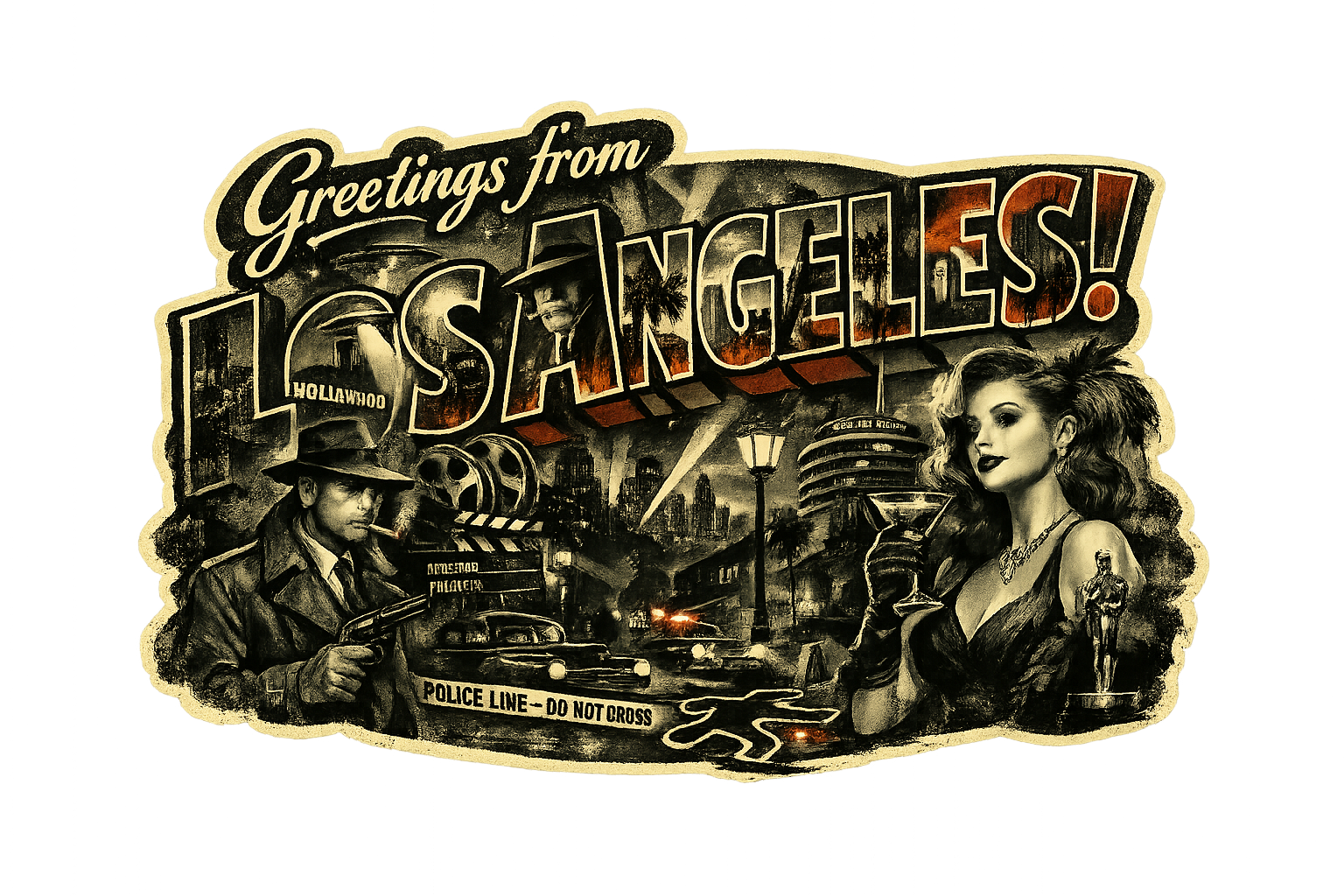 Retro LA Postcard Sticker – Detective, Hollywood & Crime Scene