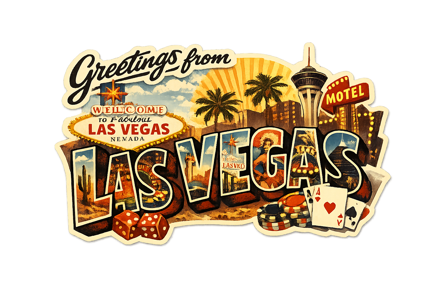 Las Vegas Vintage Travel Sticker – Dice, Cards & Neon Lights