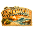 Vintage Hawaii Sticker – Tropical Sunset & Hula Girl Art