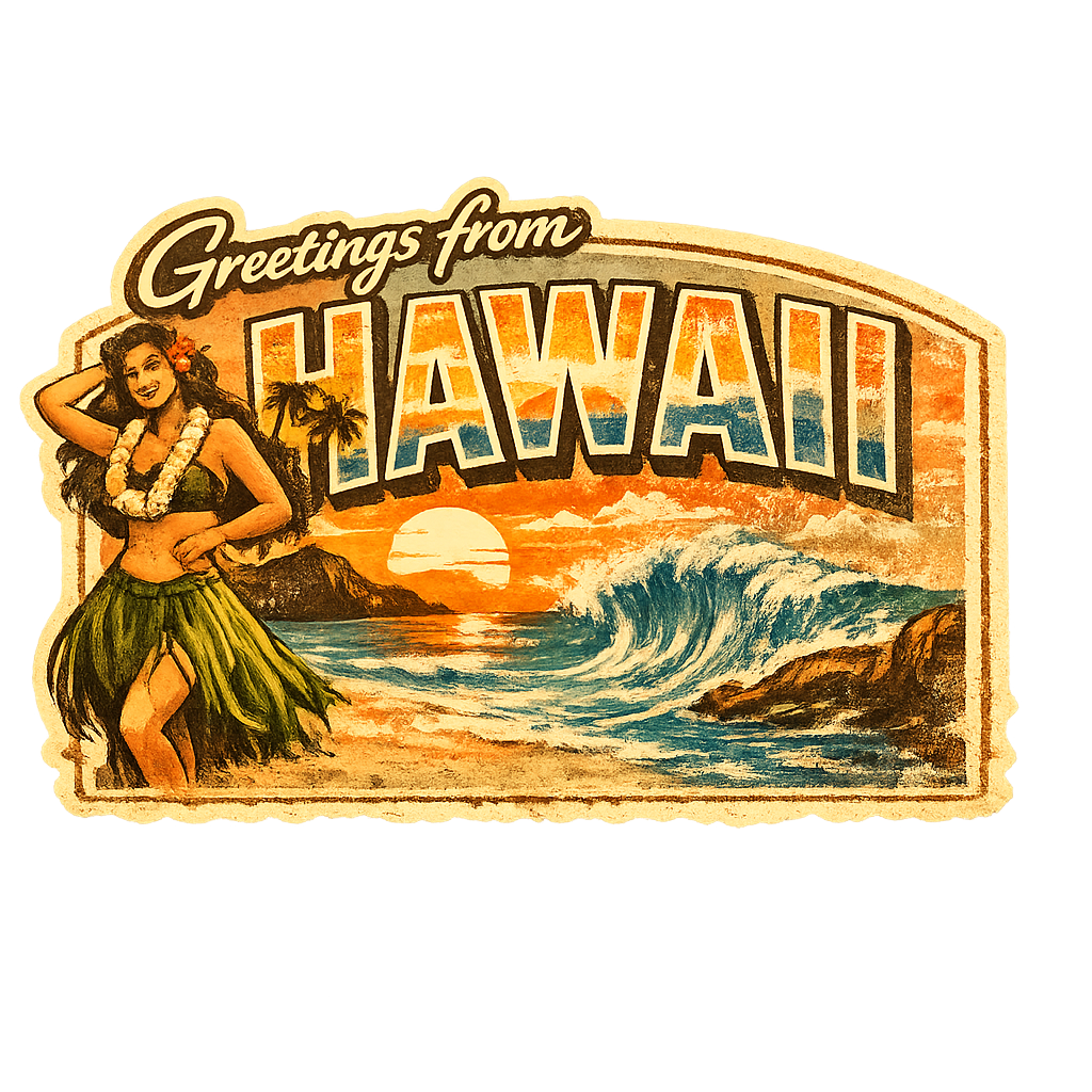 Vintage Hawaii Sticker – Tropical Sunset & Hula Girl Art