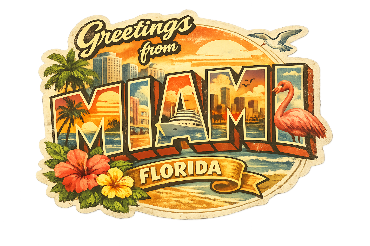 Greetings From Miami, Florida — Retro Postcard Sticker