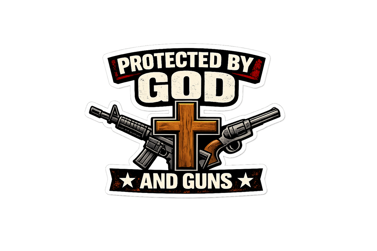 Protected by God and Guns Sticker – Bold Christian Western Design