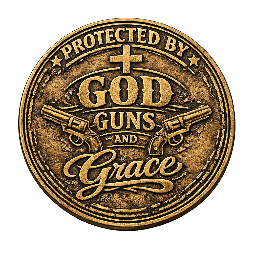 Protected by God Guns and Grace Sticker – Rustic Western Christian Badge
