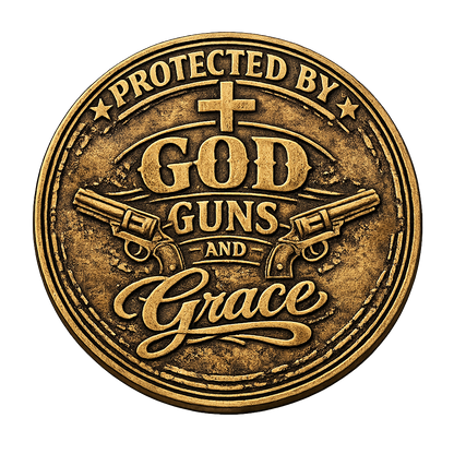 Protected by God Guns and Grace Sticker – Rustic Western Christian Badge
