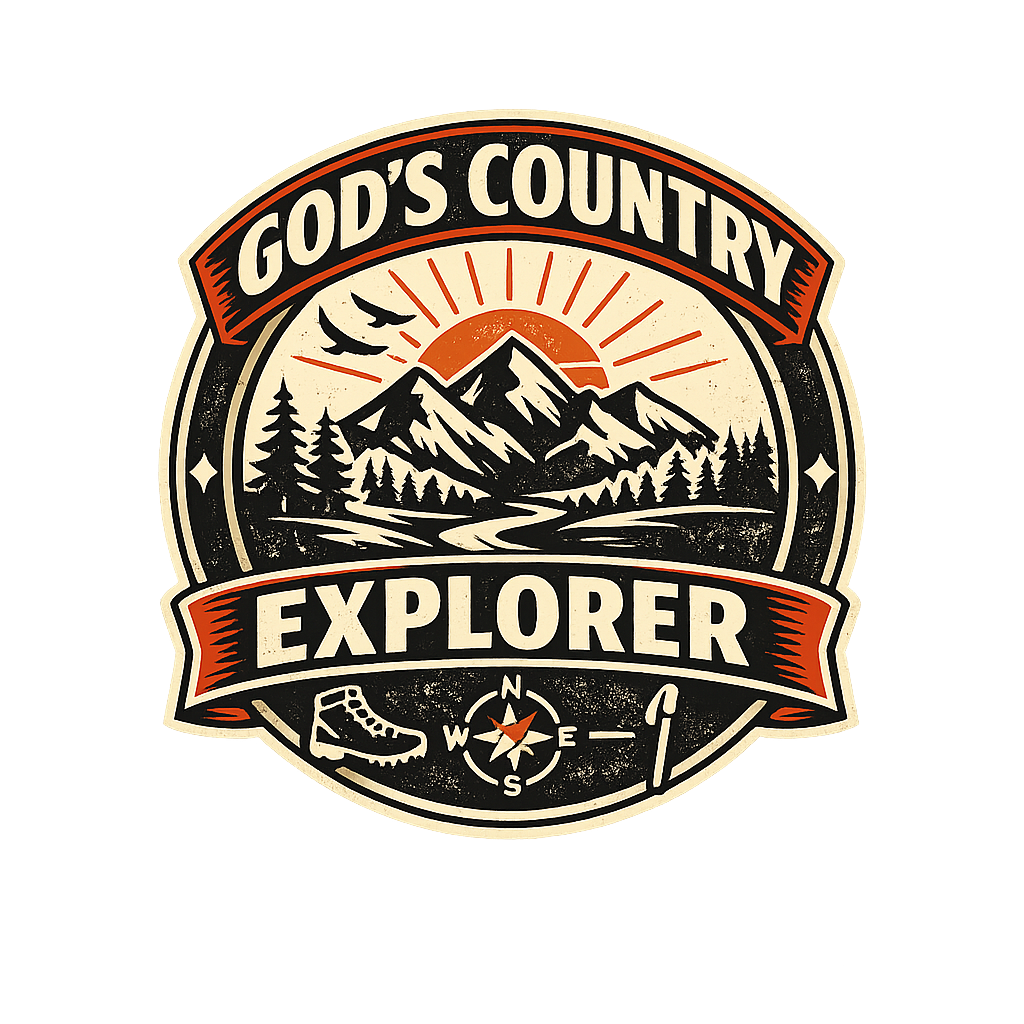 Christian Outdoors Sticker – God’s Country Explorer Vintage Mountain Scene
