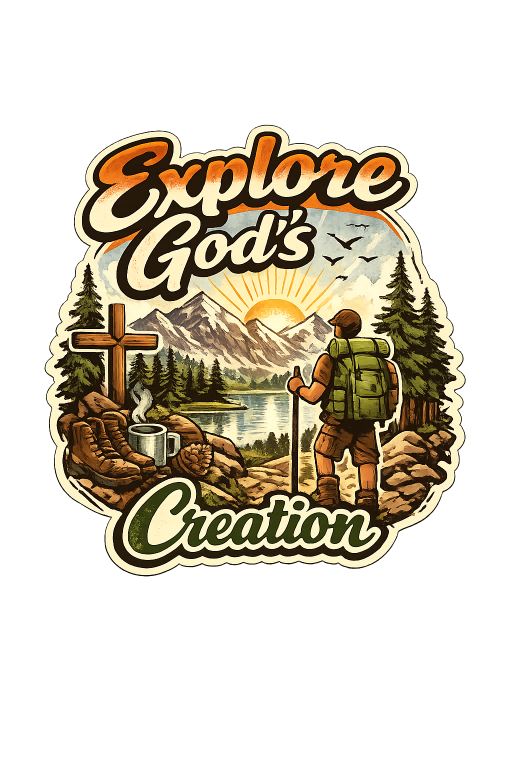 Explore God’s Creation Sticker – Retro Christian Hiking Scene