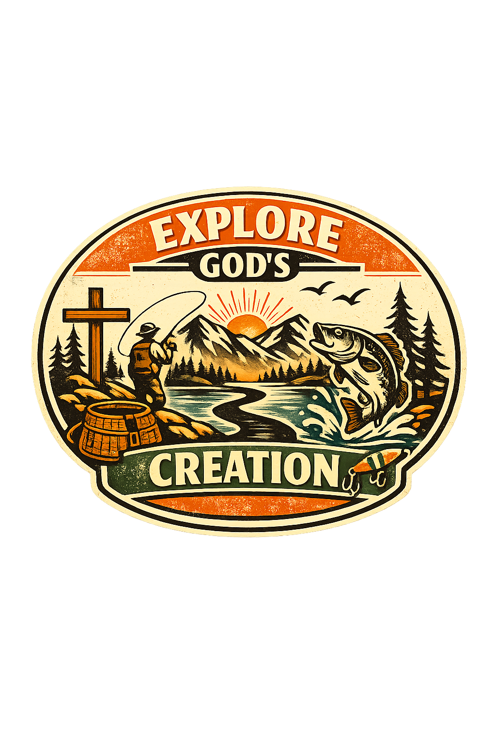 Explore God’s Creation Sticker – Retro Fishing & Faith Design