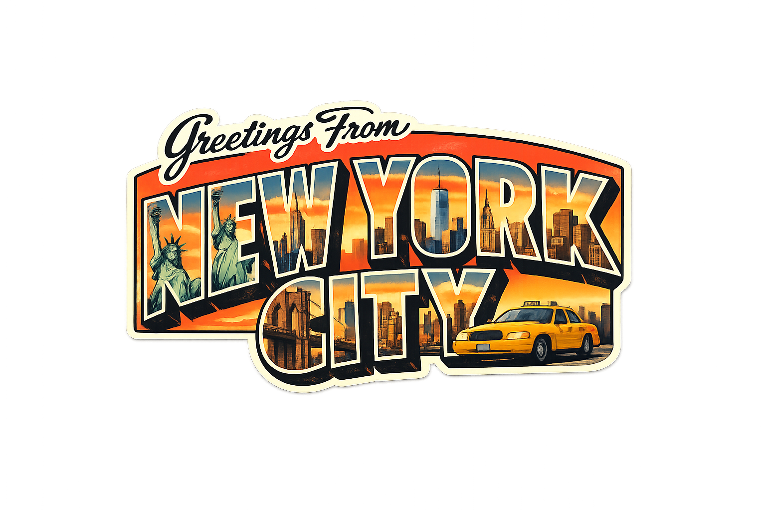New York City Vintage Travel Sticker – Statue of Liberty & Taxi Cab