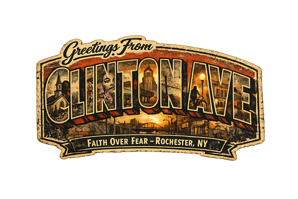 Clinton Ave Rochester NY Sticker – Retro Postcard Faith Edition