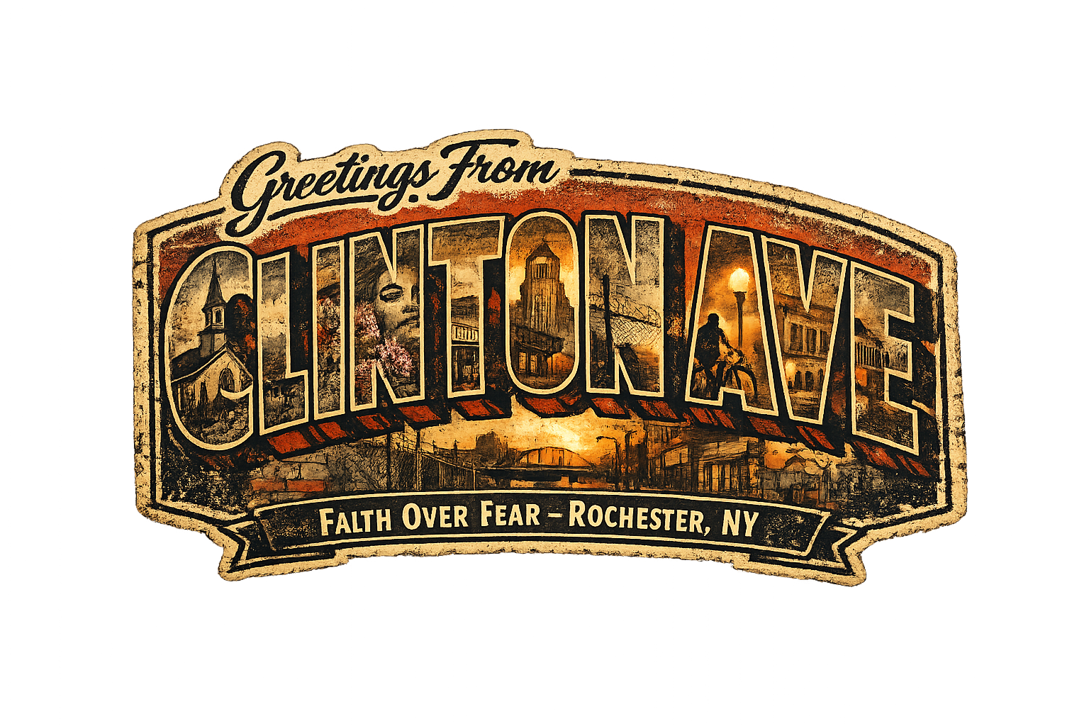 Clinton Ave Rochester NY Sticker – Retro Postcard Faith Edition