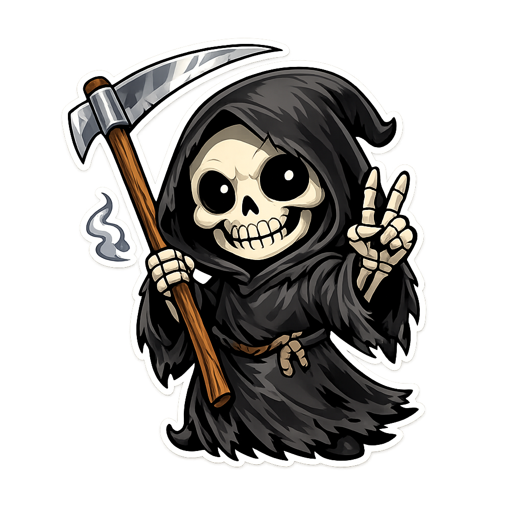 Cute Grim Reaper Sticker – Peace Sign Cartoon Reaper