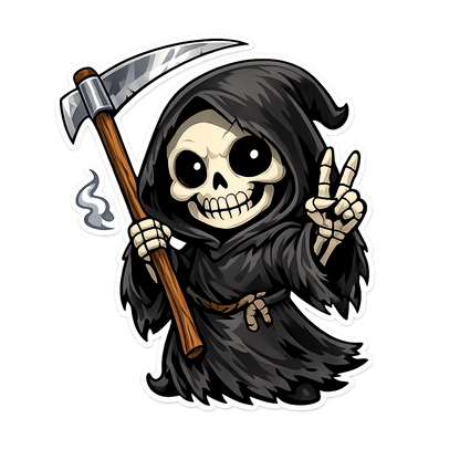 Cute Grim Reaper Sticker – Peace Sign Cartoon Reaper