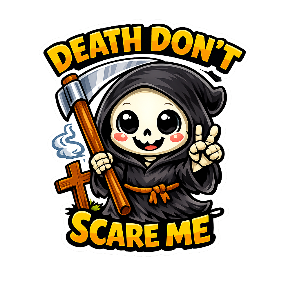 Death Don’t Scare Me Sticker – Cute Grim Reaper Cartoon