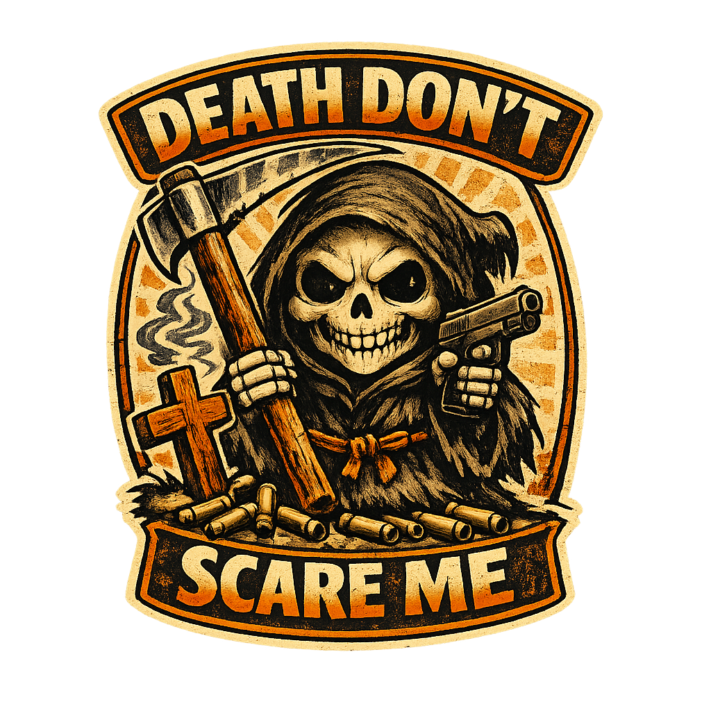 Death Don’t Scare Me Sticker – Grim Reaper Gun & Scythe Art