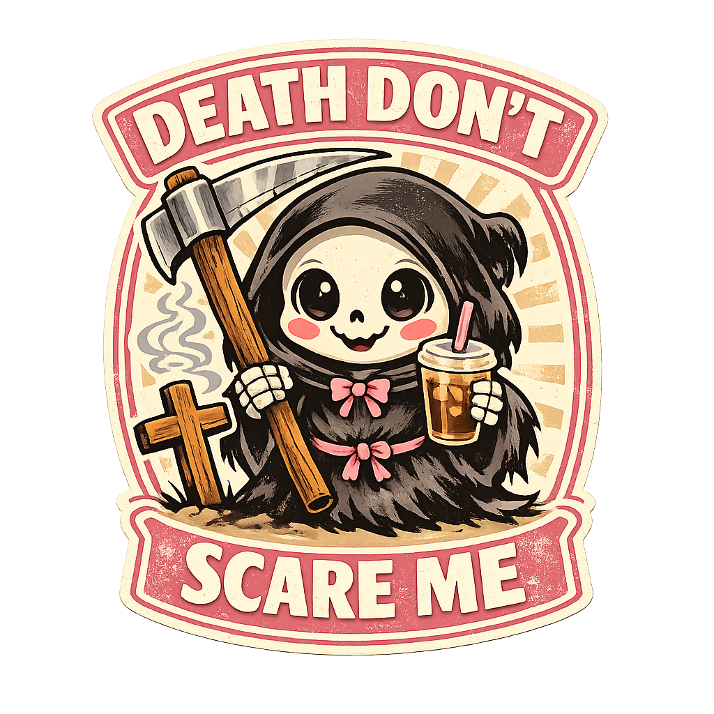 Cute Reaper Sticker – Death Don’t Scare Me Coffee Edition