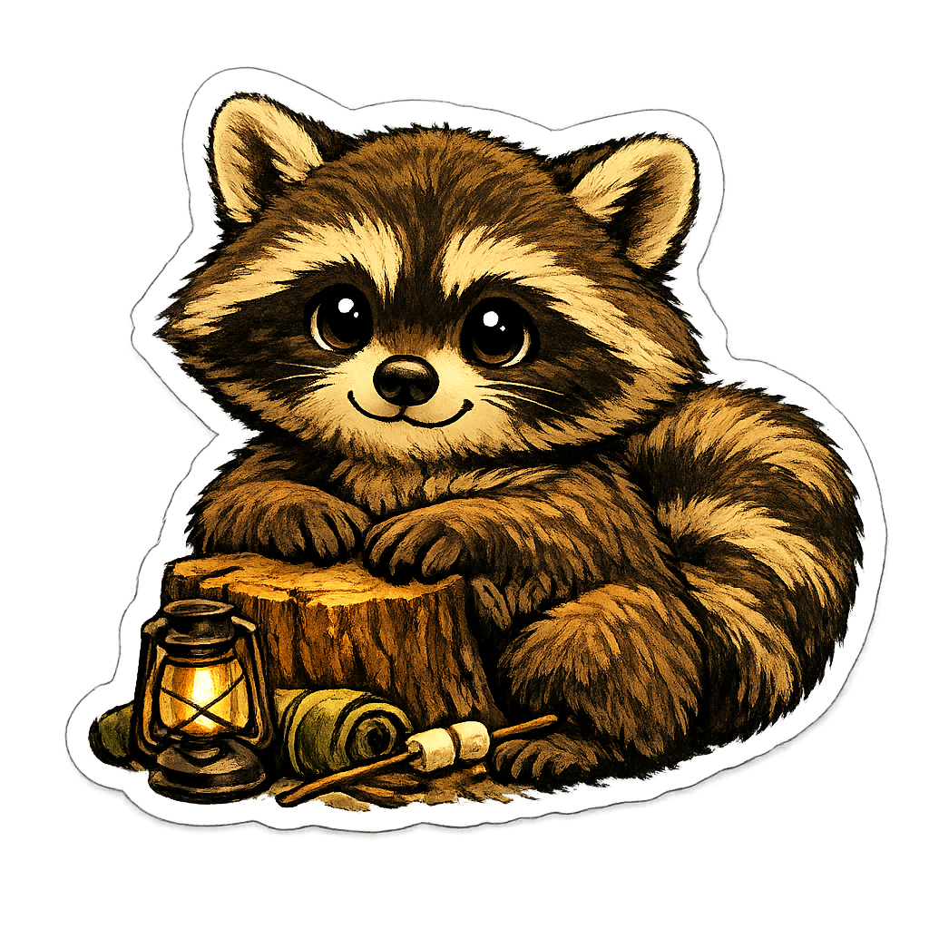 Cozy Campfire Raccoon – Cute Camping Sticker