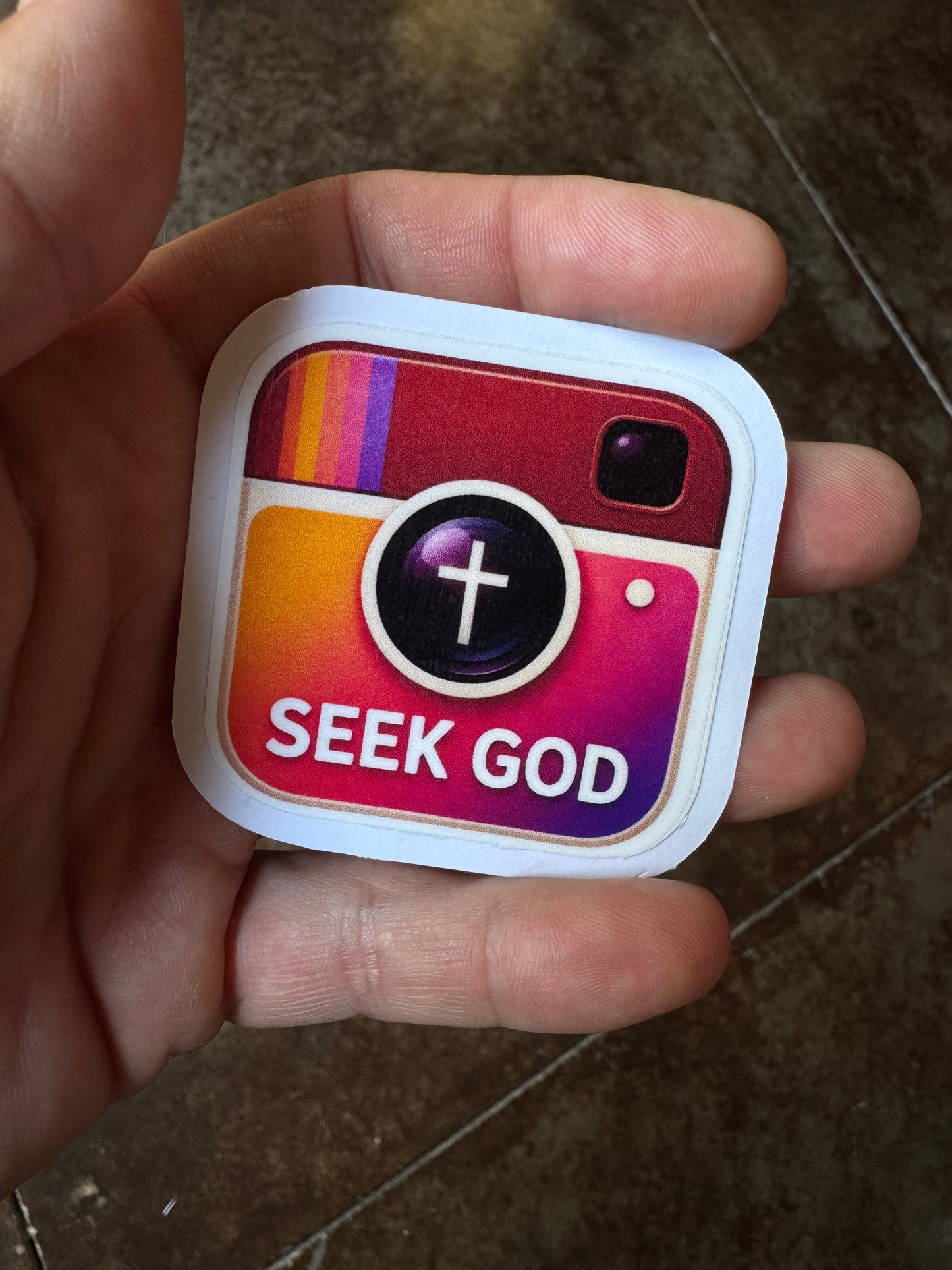 Seek God Retro Camera Sticker – Faith Meets Social Media