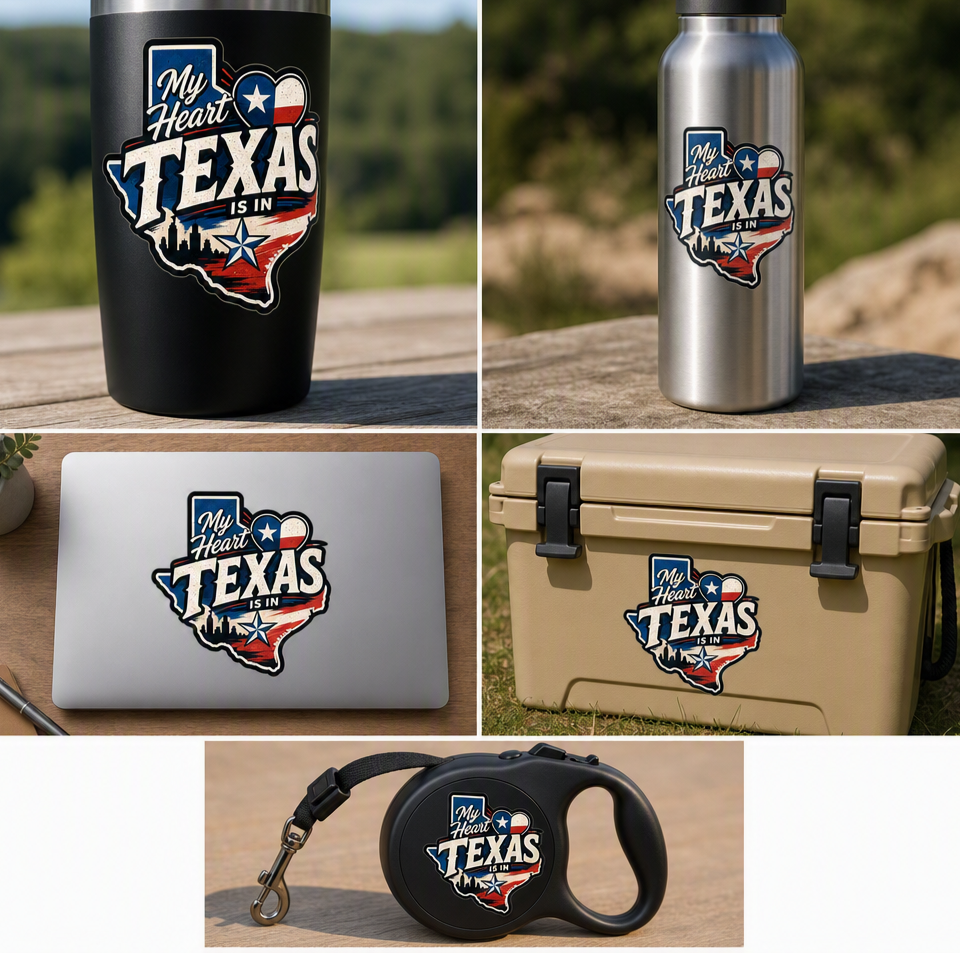 My Heart Is in Texas — Patriotic Flag Die‑Cut Sticker