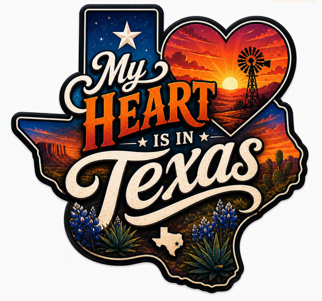 My Heart Is in Texas — Sunset Windmill Die‑Cut Sticker