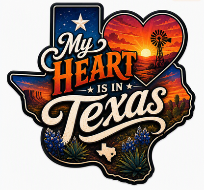 My Heart Is in Texas — Sunset Windmill Die‑Cut Sticker