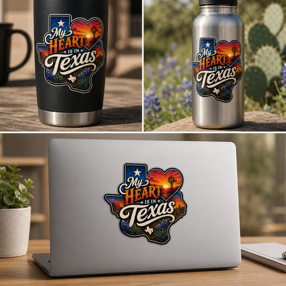 My Heart Is in Texas — Sunset Windmill Die‑Cut Sticker