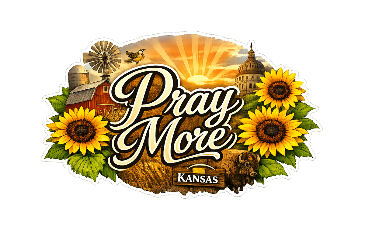 Pray More Kansas Sunrise Sticker — Faith & Sunflowers