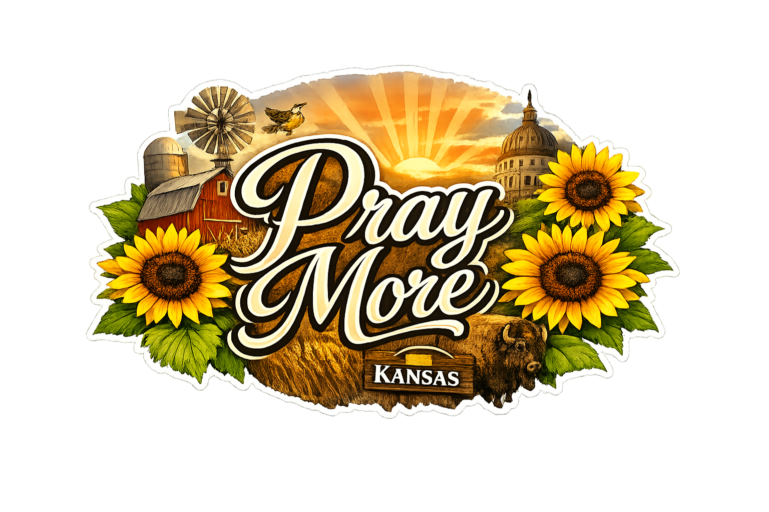 Pray More Kansas Sunrise Sticker — Faith & Sunflowers